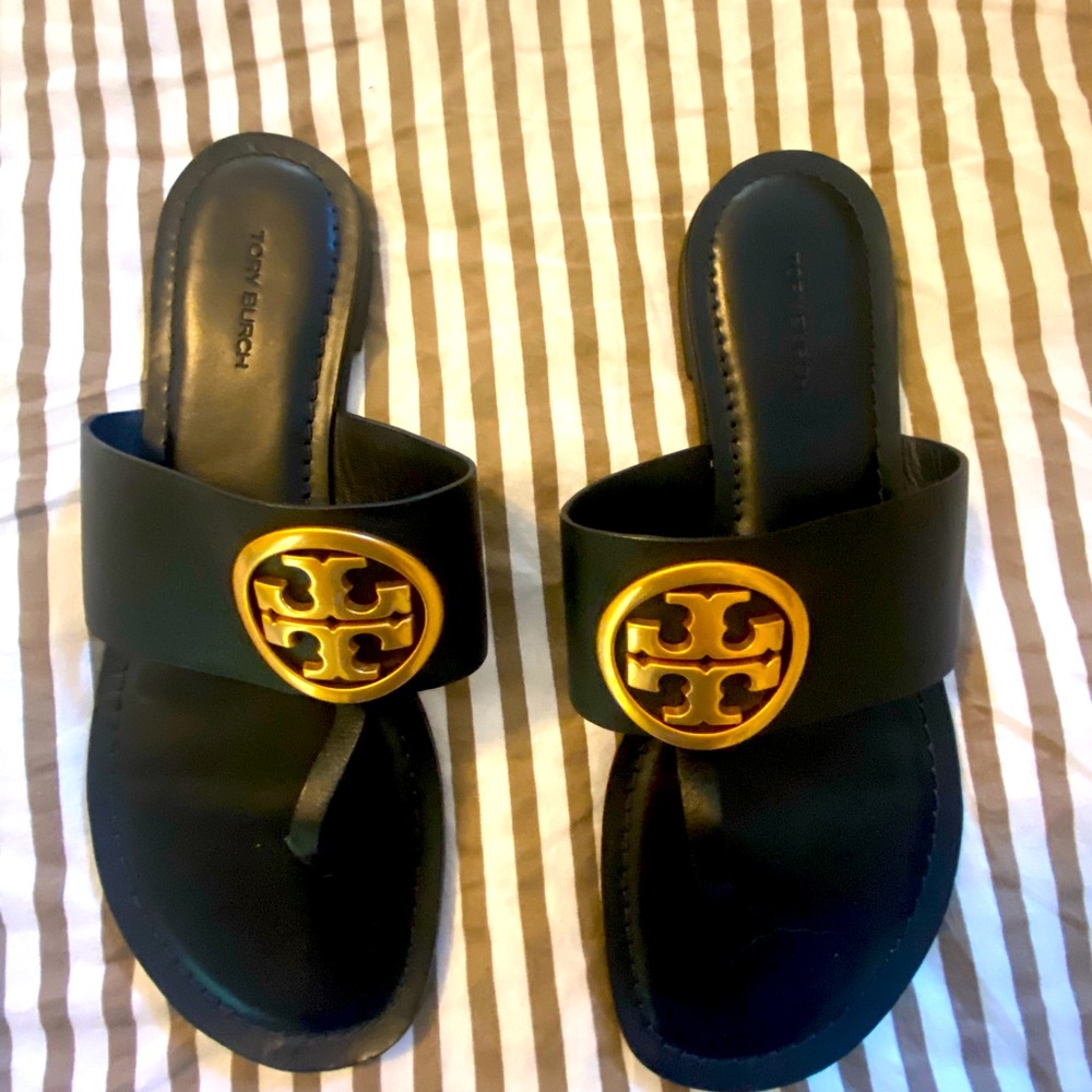 Black and Gold Tory Burch Sandals